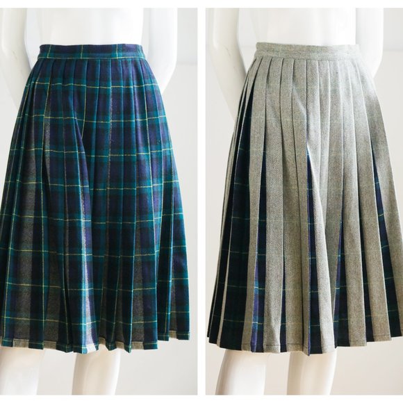 Unbranded |  Vintage Dresses & Skirts - Vintage Reversible Grey Green Blue Pleated Skirt